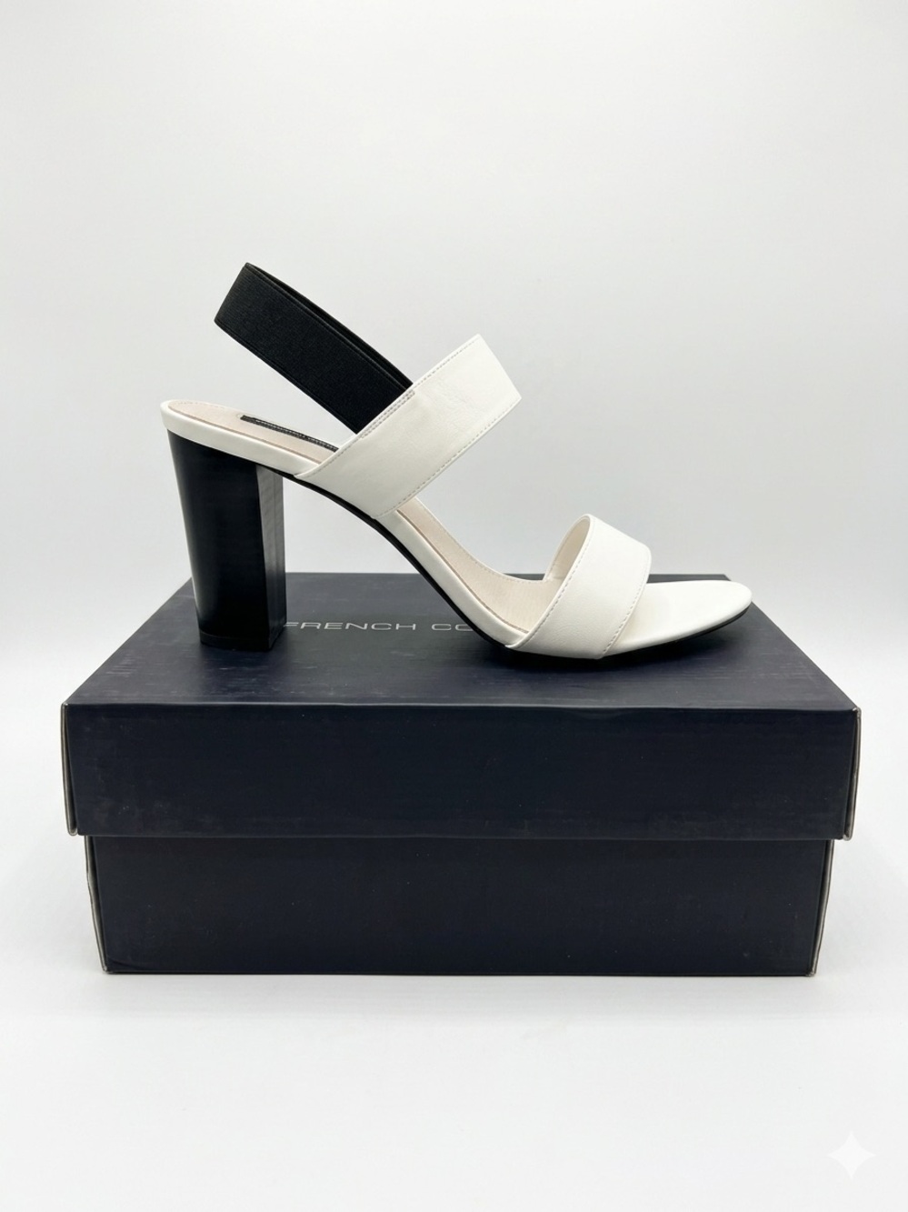French Connection White and Black Two-Strap Block Heel Sandal